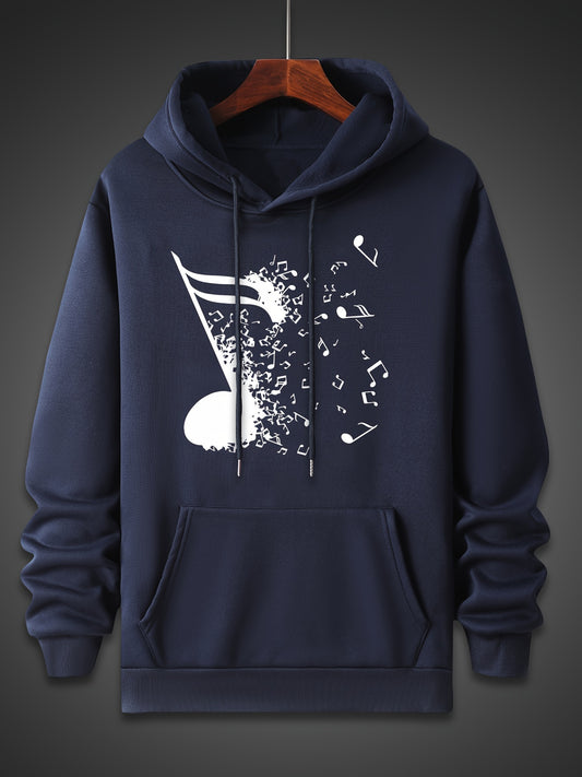 Music Note Pattern, Men's Trendy Comfy Hoodie, Casual Slightly Stretch Breathable Hooded Sweatshirt For Outdoor