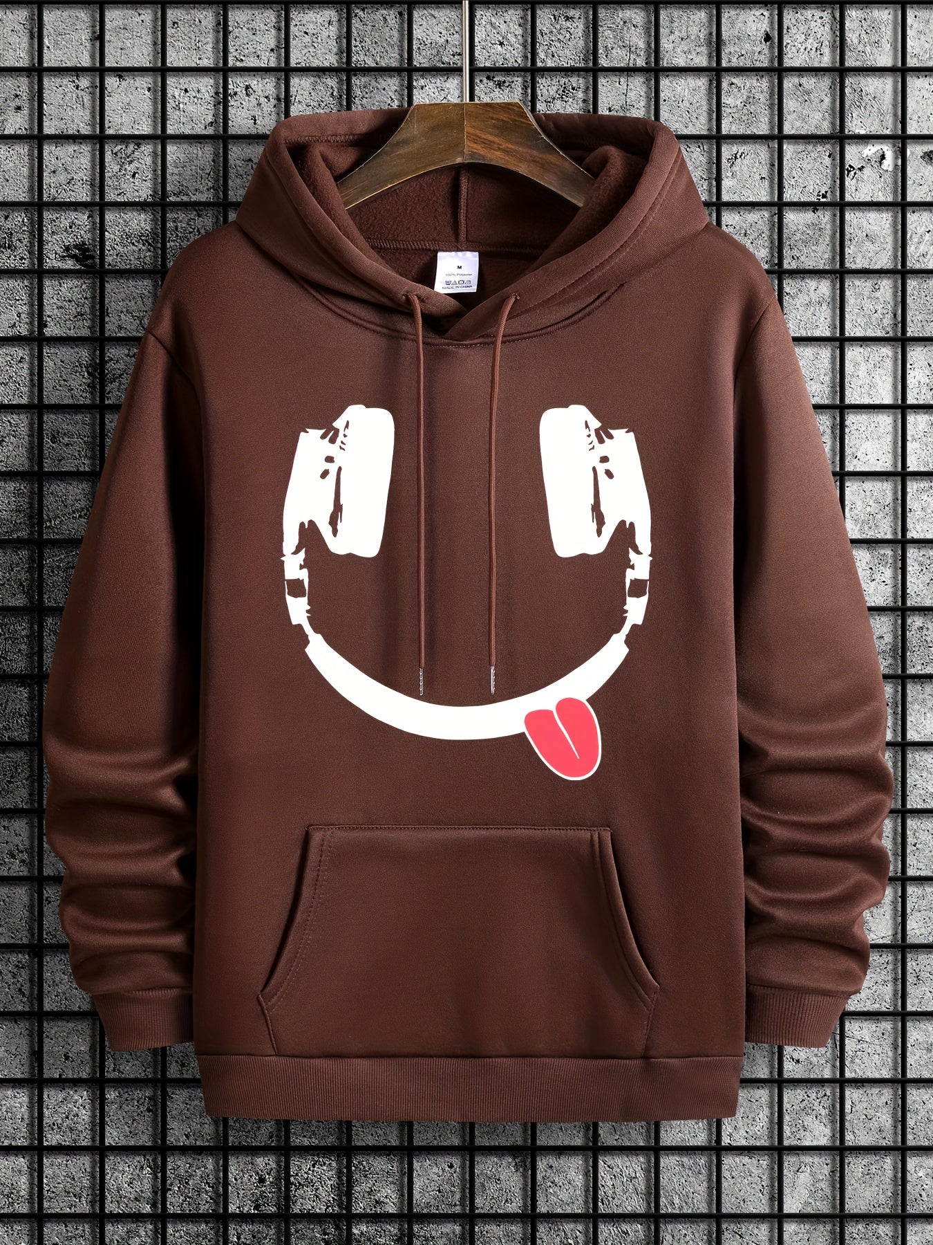 Headphone Smile Print Hoodie, Hoodies For Men, Men's Casual Graphic Design Pullover Hooded Sweatshirt With Kangaroo Pocket Streetwear For Winter Fall, As Gifts
