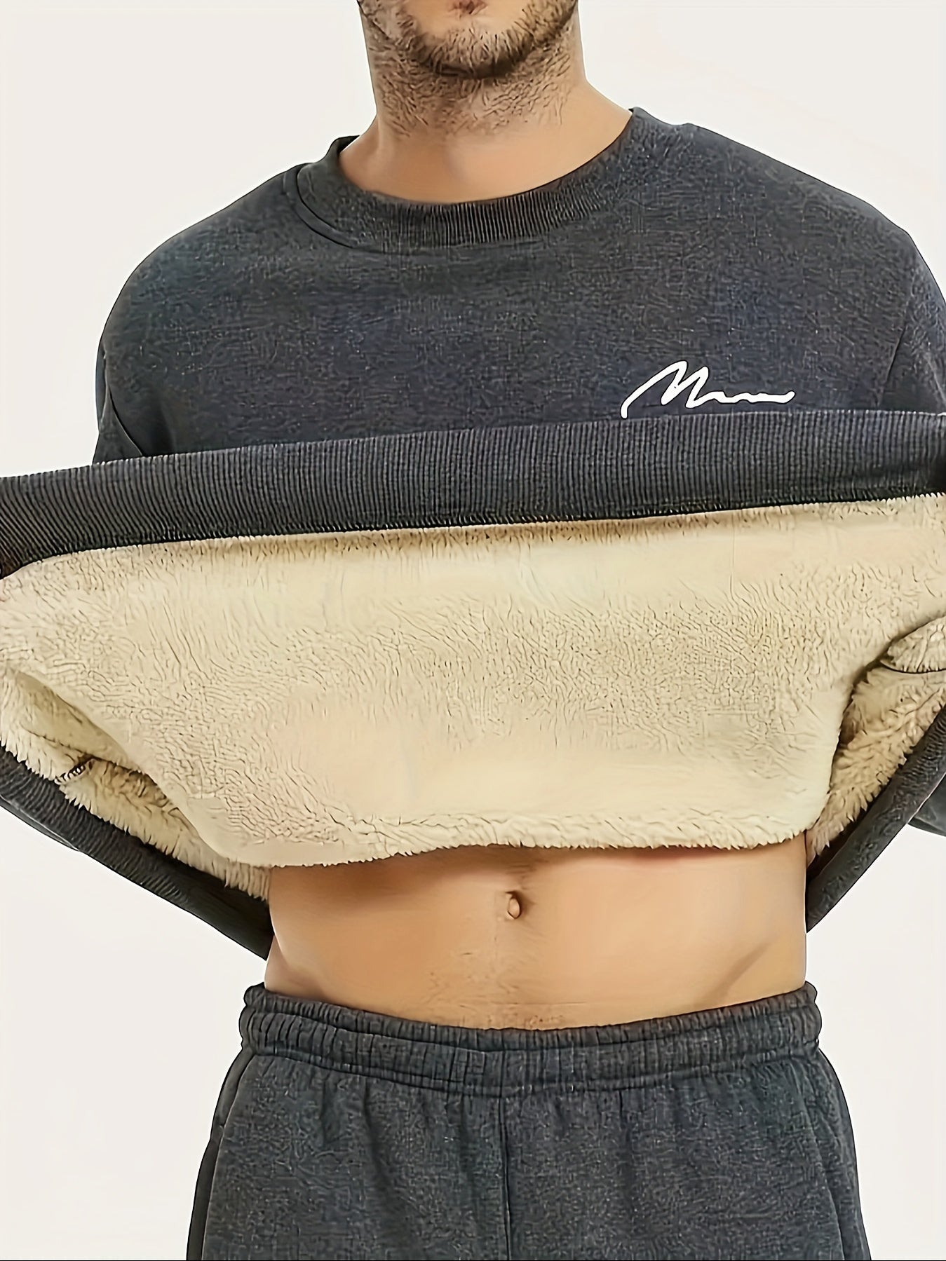 Thermal Trendy Fleece Sweatshirt, Men's Casual Classic Design Crew Neck Sweatshirt For Men Fall Winter