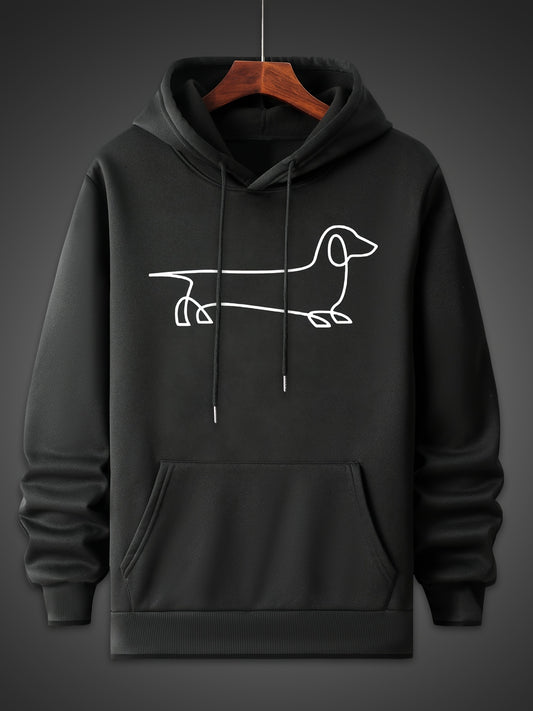 Dog Sketch Pattern, Men's Trendy Comfy Hoodie, Casual Slightly Stretch Breathable Hooded Sweatshirt For Outdoor
