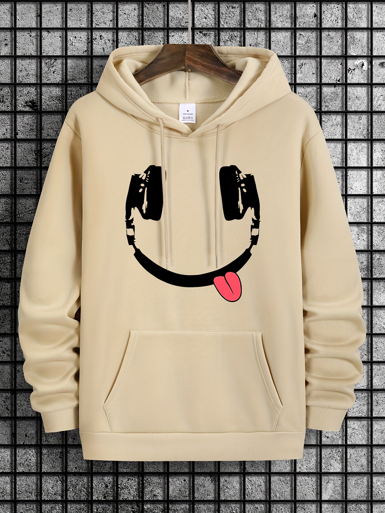 Headphone Smile Print Hoodie, Hoodies For Men, Men's Casual Graphic Design Pullover Hooded Sweatshirt With Kangaroo Pocket Streetwear For Winter Fall, As Gifts
